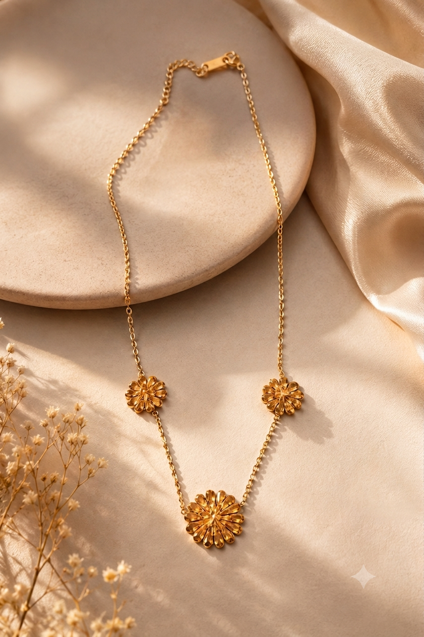 Gold necklace with three textured sunburst flower pendants,