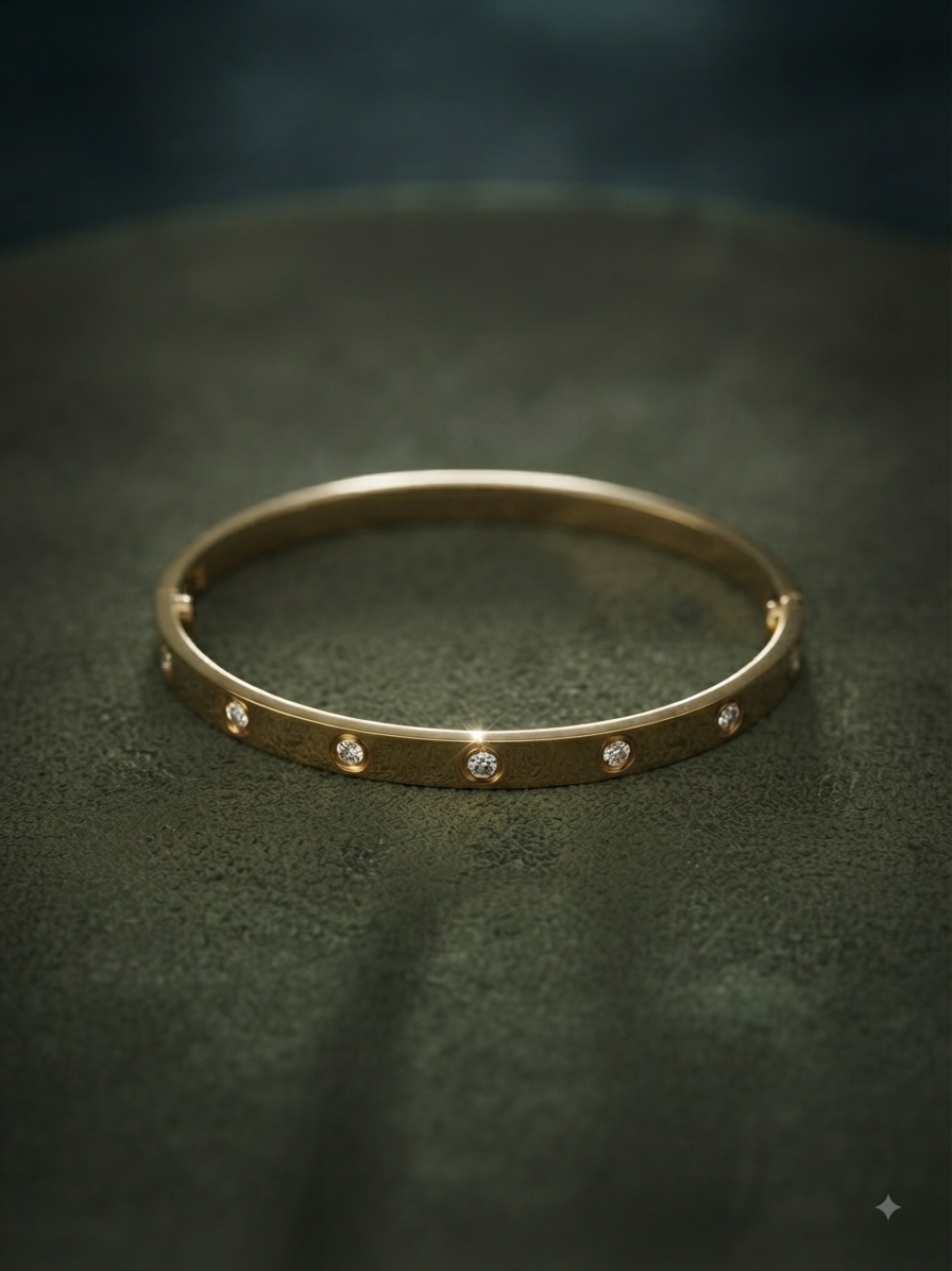 A slim gold bangle bracelet with small inset clear stones spaced around the band, photographed on a dark textured surface.