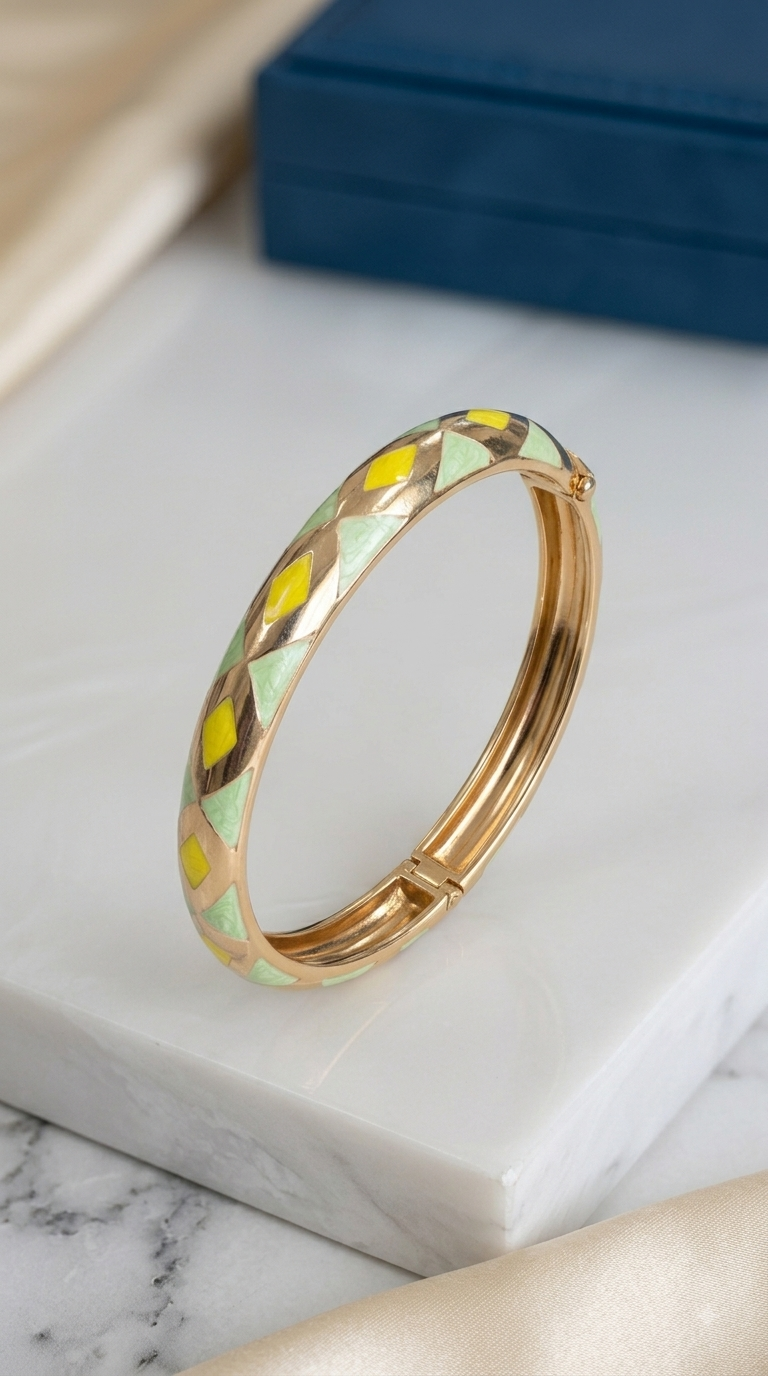 Gold Yellow and Green Geometrical Enamel Bangle