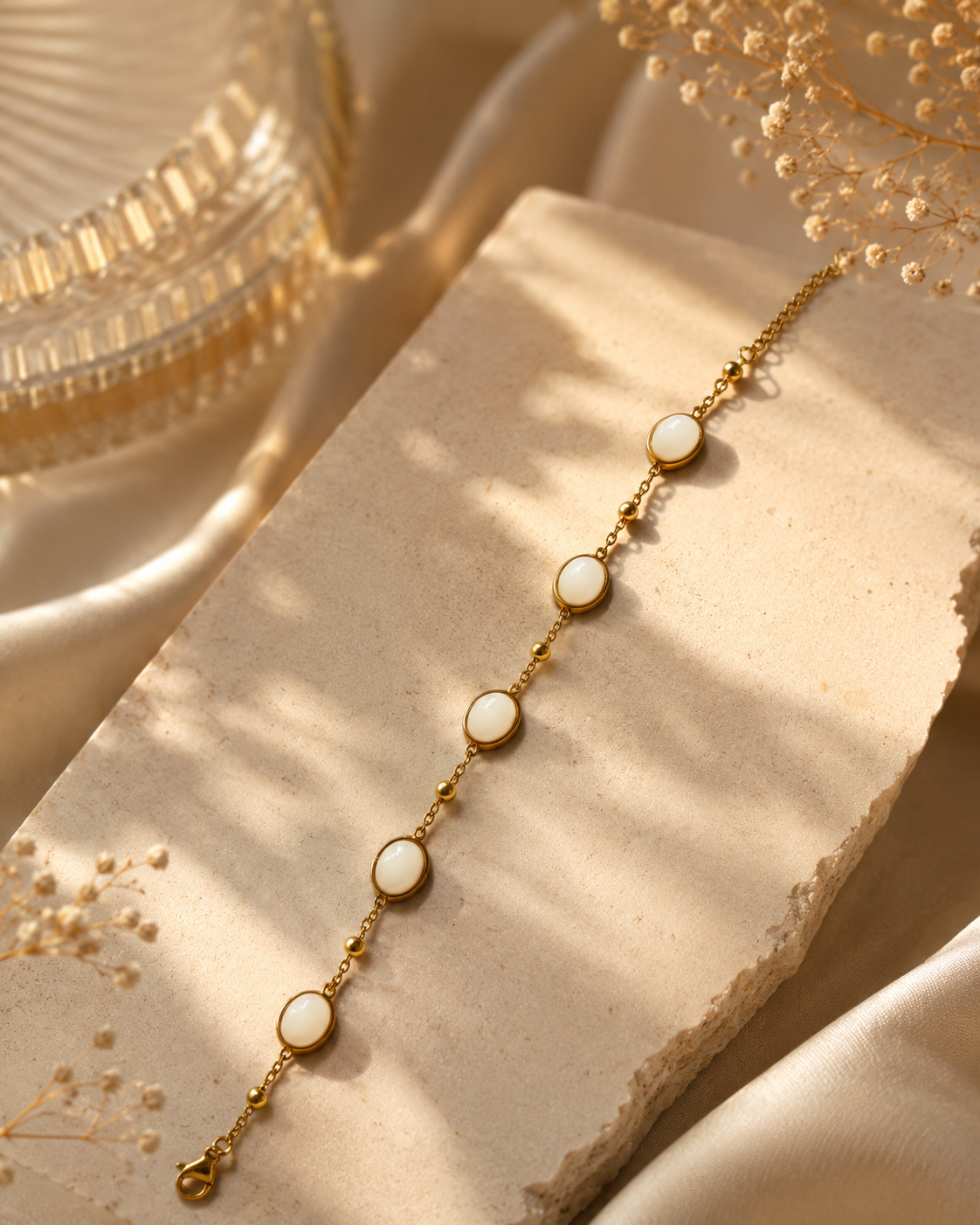 A delicate gold chain bracelet with five oval white inlays, styled on a textured beige stone slab with soft gold satin fabric and dried floral accents.
