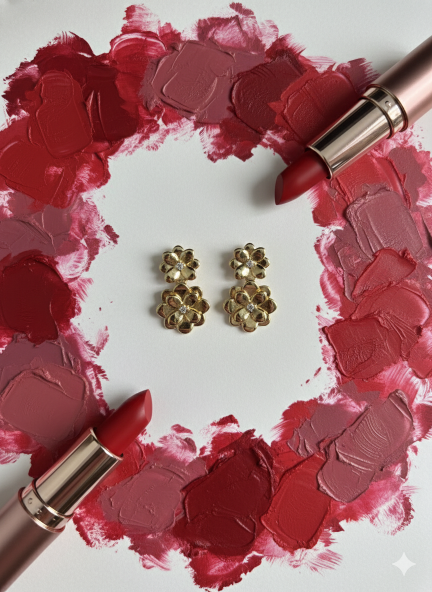 Gold flower-shaped earrings are placed in the center.