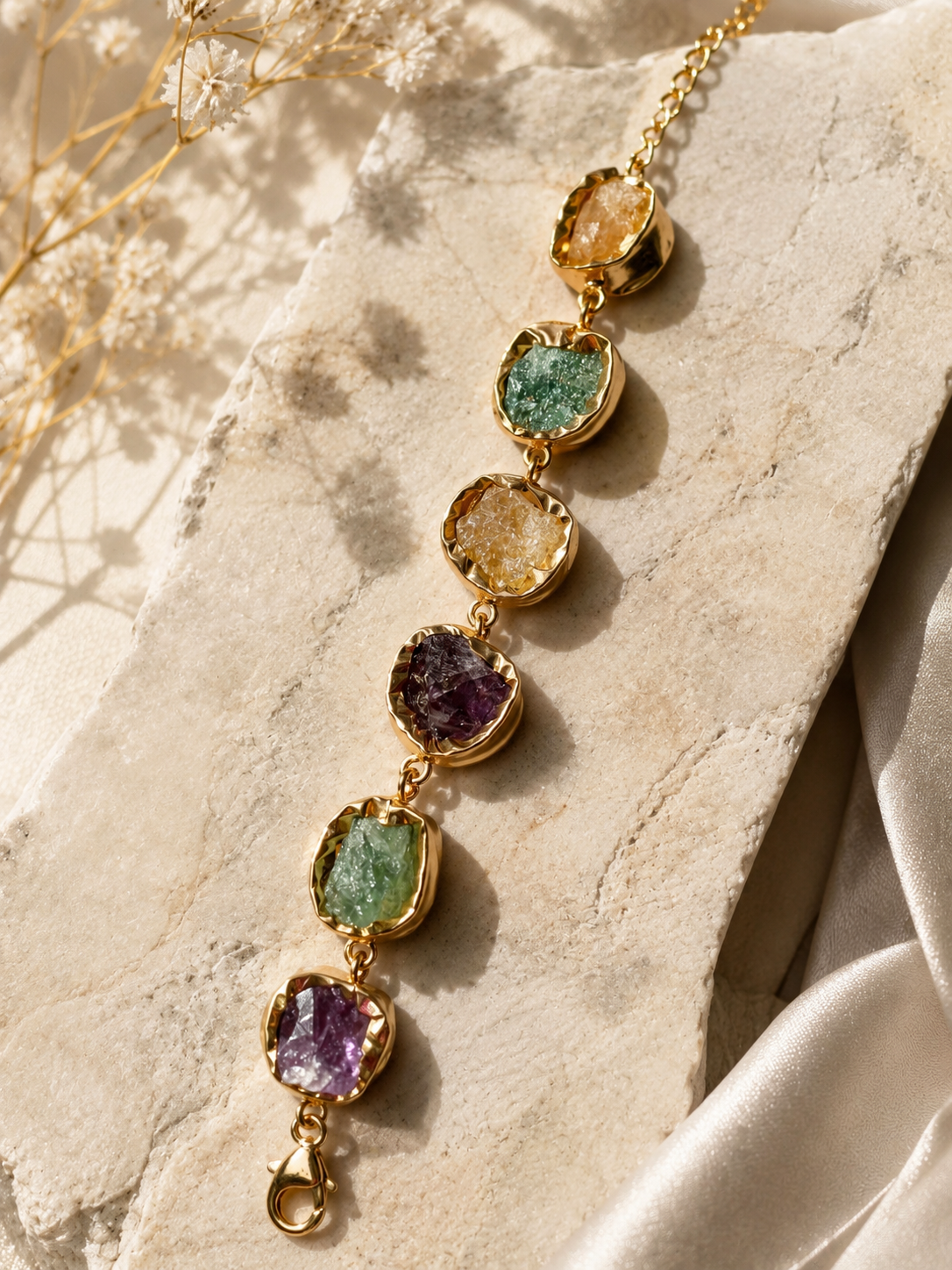 A gold chain bracelet featuring seven raw, irregular-cut gemstones in gold bezel settings, arranged vertically on a textured stone slab with dried flowers and satin fabric.