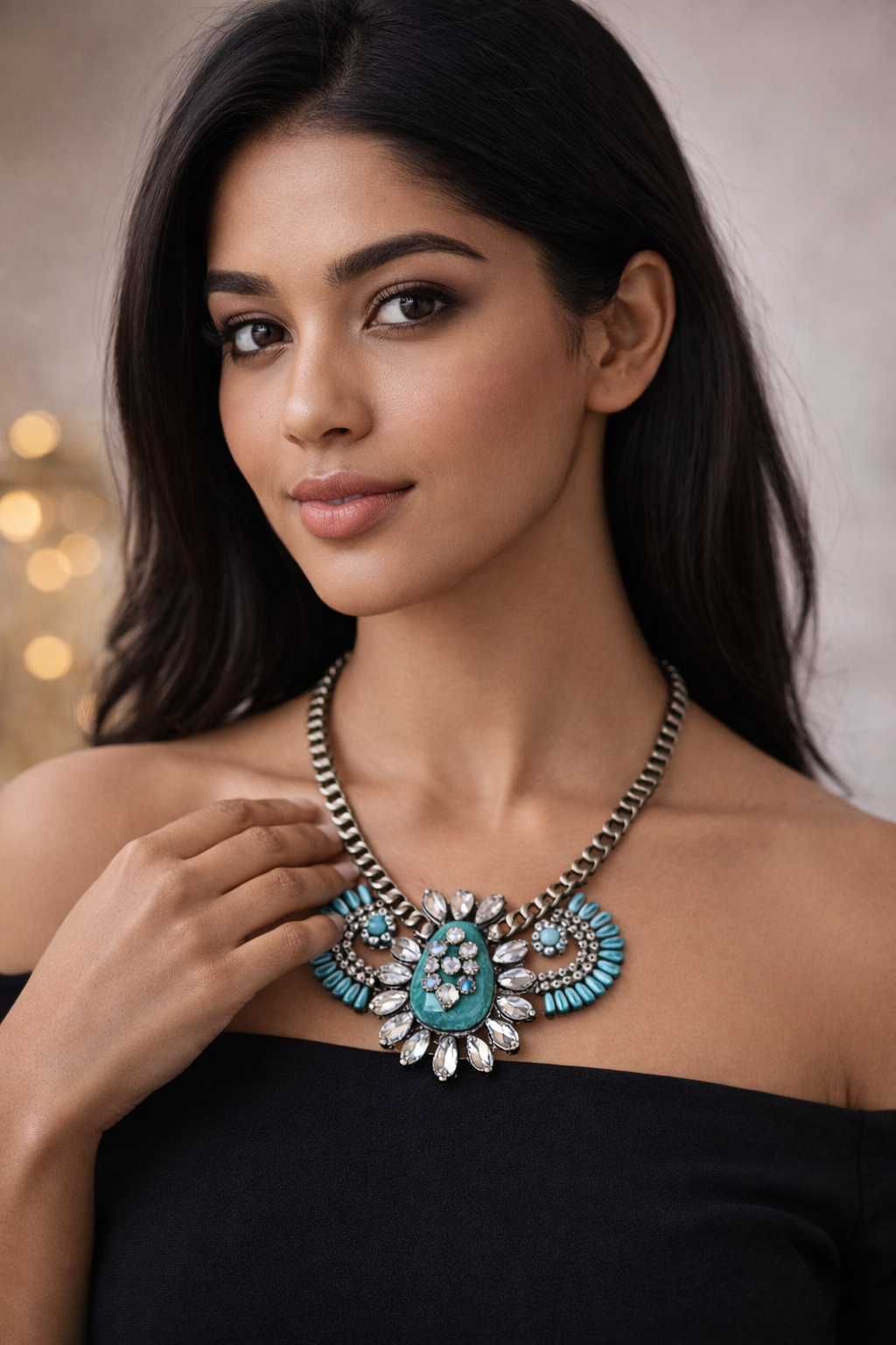 A statement necklace with a large turquoise and crystal pendant, displayed on a dark blue velvet jewelry bust. The necklace features a gold-tone chain and matching turquoise crystal accents in a fan-like design.