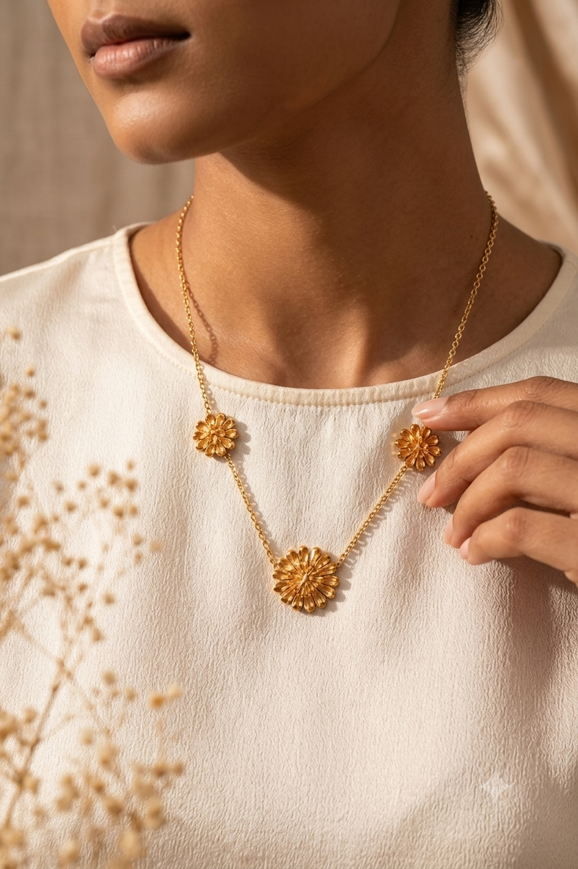 A close-up lifestyle shot of a model wearing a gold necklace with three textured sunburst flower pendants, styled with a cream-colored top and dried flowers in the foreground.